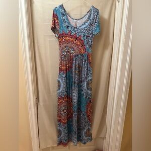 Wishon Women’s Boho Mandala Maxi Dress | Short Sleeve | Size S Bohemian Vibes